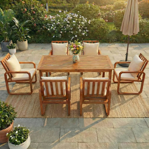 Ensemble de table à manger d'extérieur moderne avec chaises rembourrées, finition teck, meubles de jardin et de terrasse - Product Image 1