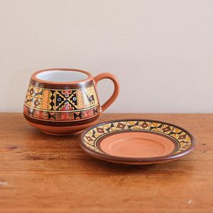 Handmade Terracotta <b>Tea</b> Cup and Saucer <b>Set</b> Vintage Embossed Ceramic Drinkware for Home Office <b>Party</b> - Product Image 3