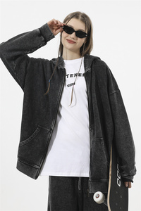 เสื้อฮู้ดซิปผู้ชายทรงโอเวอร์ไซส์ สีเทาล้วน ผ้าฝ้ายเฟรนช์เทอร์รี่ สวมใส่สบายๆ ในฤดูใบไม้ร่วง ทรงปกติ แขนยาว มีกระเป๋า - Product Image 4