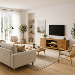 Meuble TV scandinave en teck massif Niwara, console de divertissement haut de gamme avec 4 tiroirs et 2 étagères pour salon - Product Image 6