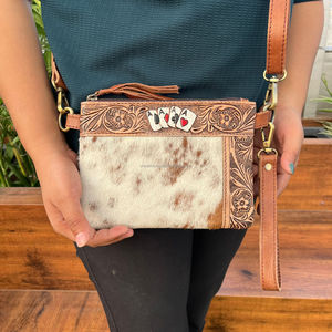 Petit sac à main en cuir de vachette véritable pour femmes Western Wristlet Zipper Floral Design Nylon Mini bandoulière imprimé fleurs - Product Image 4