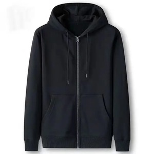 Sweat-shirt à capuche zippé noir pour homme, coupe classique, décontracté, en coton tricoté, couleur unie, pour l'automne - Product Image 1