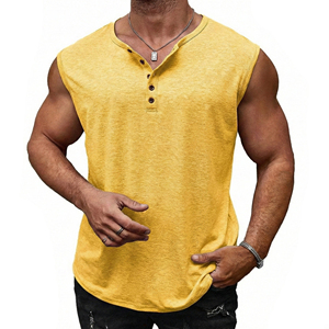 Stylish Men's Casual Sleeveless Henley Tops Button Up Placket Muscle Fit Gym Wear Custom Made Wholesale Price Tank Tops For Men - Product Image 5
