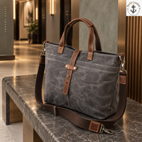 Sac fourre-tout en toile cirée lavée avec poignées de transport |   Sac de transport quotidien gris avec bandoulière amovible et fermeture à pression