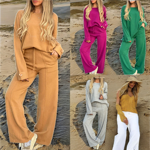 Ensemble décontracté 2 pièces tricoté pour femme – Pull sans col à manches longues et pantalon large coupe droite – Couleur unie – Hiver – Écoresponsable - Product Image 6