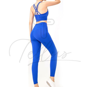 Women Yoga Set High Waist Full Length Leggings <b>Crop</b> <b>Top</b> Racerback Sleeveless Solid Blue Seamless Four-Way Stretch 2 Piece - Product Image 5