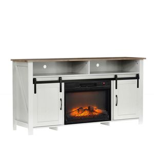 Mobile TV scorrevole da 58 pollici bianco anticato e marrone con porta a granaio per caminetti da 23 pollici, design con binario scorrevole - Product Image 1