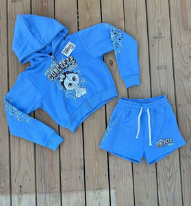 Ensemble personnalisé veste zippée et short, survêtement vintage délavé à l'acide avec fermeture éclair, ensemble sweat à capuche zippé et short de jogging orné de strass et imprimé DTG - Product Image 1