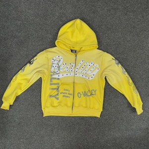 Sudadera con capucha personalizada con cremallera amarilla, diseño de estampado de diamantes de imitación y bolsillo, sudadera informal unisex. - Product Image 1