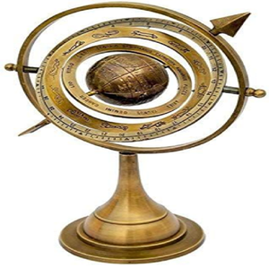 Globe armillaire vintage en laiton avec base ronde en bois massif, anneau zodiacal gravé, disponible à prix de gros. - Product Image 3
