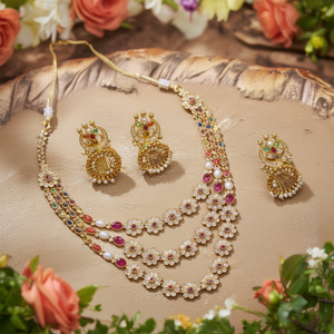 Navarathna 18K Gold Plated Three Layer Bridal Necklace Set with Zirconia Earrings - Product Image 3