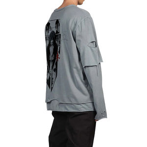 Camiseta de Manga Larga de Doble Capa 100% Algodón de Alta Calidad con Logotipo Personalizado OEM, Camisetas de Hombre con Estampado Hip Hop Personalizado - Product Image 2