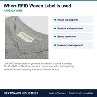 Étiquette tissée RFID UHF Nextwaves pour le suivi des vêtements, personnalisée et encodée, 63x40 83x25 87x42 mm