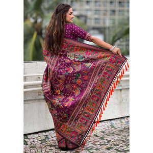 Evening Dresses Wine <b>Pashmina</b> Kashmiri Silk Zari Woven Saree - Product Image 3