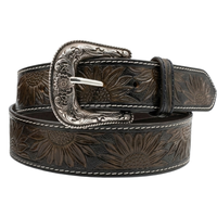 Ceinture en cuir tressé floral vintage faite à la main, style western cowboy, motif tournesol en relief, en cuir de vachette véritable avec boucle gravée pour homme