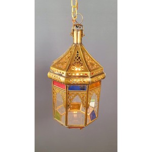 New Arrival Hexagon <b>Brass</b> <b>Lantern</b> with Colored Glass Panels for Home Decoration Durable Finish - Product Image 1