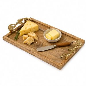 Planche à fromage rustique en bois d'acacia avec motif végétal, plateau de service décoratif et poignées en laiton pour apéritifs et réceptions - Product Image 1