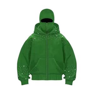 Sweat-shirt à capuche zippé en molleton 100% coton, orné de strass verts hivernaux, avec cache-visage intégré et manches longues, style décontracté, service OEM - Product Image 1