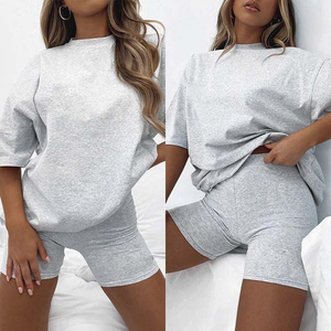 Ensemble 2 pièces tricoté pour femme, couleur unie, coupe ample, haut à manches courtes et short, col rond, décontracté, printemps-été, respirant, en coton et élasthanne - Product Image 6
