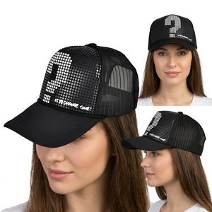 Gorra Trucker Negra de Malla con Estampado de Punto de Interrogación Termotransferible, Cierre Trasero Ajustable, Estilo Urbano, Unisex, Primavera Verano - Product Image 3