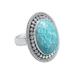 Handmade 925 Sterling Silver Women's Boho <b>Statement</b> <b>Ring</b> Natural Amazonite Oval shape Gemstone Inlay Trendy Great Gift for Her - Product Image 1