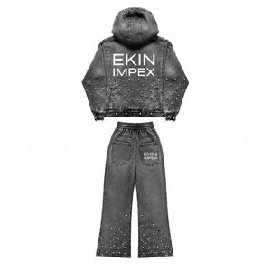 Custom Eco-Friendly Breathable Winter Sun Faded <b>Distress</b> Acid Wash All Print Rhinestone Full-Length Heavyweight Jeans Sweatsuit - Product Image 4