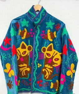 Hand Embroidered Velvet Jacket Women Mandarin Collar Full Sleeve <b>Animal</b> <b>Pattern</b> Autumn Outerwear Blue Color Regular Fit Suzani - Product Image 3
