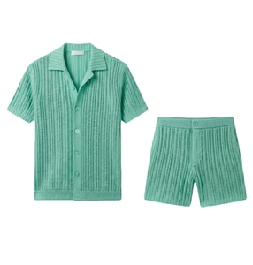 Ensemble chemise et short pour homme, manches courtes, uni, printemps, décontracté, été, coton, tricoté, respirant, haute qualité - Product Image 4