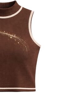 Débardeur côtelé marron personnalisé pour femme avec col montant et bande de strass, sans manches, été, fabrication sur mesure - Product Image 3