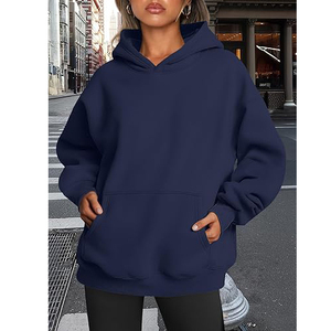Unisex Oversized <b>Navy</b> Blue Hooded Sweatshirt Regular Sleeve Solid Color Pocket Casual <b>Fleece</b> Knitted Eco-Friendly Front Logo - Product Image 6