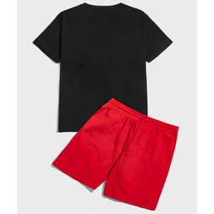 Men's Black T-Shirt With Palm Tree Print Red Shorts Set Crew Neck Casual Summer Wear Breathable Knitted 100% Cotton Custom Men's - Product Image 2