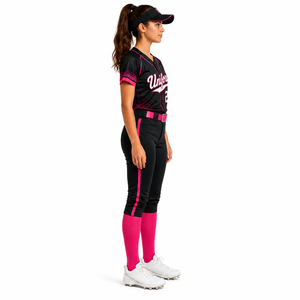 Ensemble uniforme de baseball personnalisé pour femme 2026 – Maillot à col et pantalon en polyester/coton sublimé, noir et rose, coupe courte d'été - Product Image 5