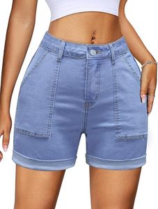 Shorts Bermuda de Mezclilla de Cintura Alta con Bolsillos, Algodón Lavado, Casual, para Mujer, Corte Regular, Cierre de Botones, Azul Claro - Product Image 1