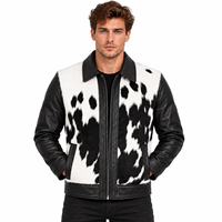 Blouson aviateur en cuir véritable pour homme, noir et blanc, en cuir de vachette à poils, entièrement personnalisable, mode hiver, patchwork, doublure matelassée