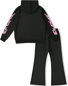Conjunto de chándal con capucha y estampado de calavera, estilo streetwear, negro y rosa con llamas, el más demandado, con logo personalizado, para adultos, para otoño. - Product Image 4