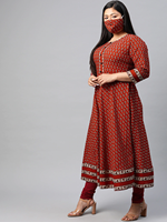 Kurta Anarkali en coton marron à motifs floraux pour femmes grandes tailles, col rond, manches trois quarts, tenue confortable pour tous les jours