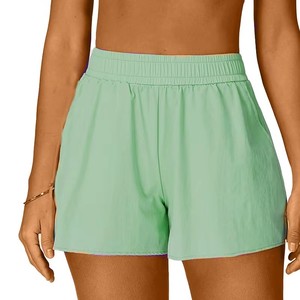 Shorts de Mujer Tejidos en Verde Menta, Cintura Alta, Transpirables, Cintura Elástica, Estilo Casual Deportivo, Corte Regular, Color Sólido - Product Image 1