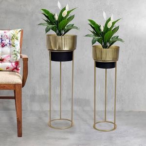Ensemble de 2 supports à plantes en métal doré moderne avec pots à motifs, jardinières décoratives d'intérieur - Product Image 6