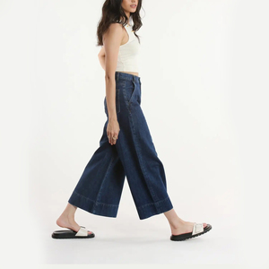 Jean large taille haute délavé foncé pour femme, coupe ample, pantalon en denim court décontracté pour l'été, couleur unie - Product Image 3