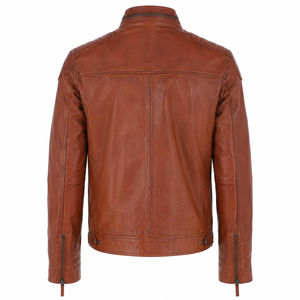 <b>Men's</b> Casual Brown Genuine Pu Leather Moto <b>Jacket</b> Stand Collar Zipper Closure Regular Fit Autumn OEM Service - Product Image 2