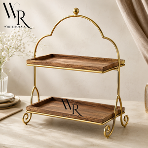 Support à gâteau moderne à deux niveaux en métal avec assiettes en bois, présentoir à cupcakes, support de service pour mariage, centre de table - Product Image 1