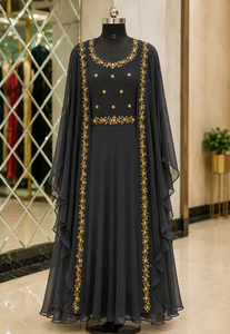 Robe noire en georgette pour l'Aïd al-Fitr, brodée, tenue formelle traditionnelle musulmane, avec châle à volants, longueur cheville, Salwar Kameez de fête - Product Image 1