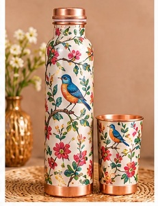 <b>Vintage</b> Copper Water <b>Bottle</b> with Cup Set Floral Bird Engraved Pattern Portable Lid Drinkware - Product Image 5