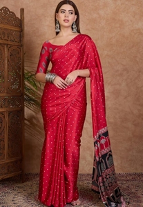 KV Barn <b>Red</b> Ajrakh Printed Satin Crepe Silk Saree With Unstitched <b>Blouse</b> - Product Image 6