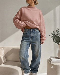 Sudadera Rosa Oversize de Cuello Alto para Mujer, Hombros Caídos, Manga Larga, Tejido de Algodón Transpirable, Estilo Otoñal - Product Image 1