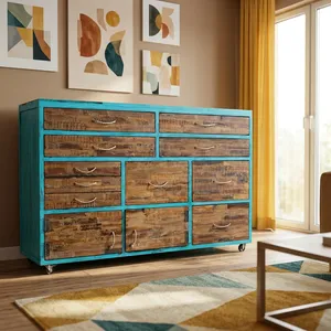 Vintage Reclaimed Wooden Sideboards 12 <b>Drawers</b> Blue Painted Heavy Storage Buffet Cabinet Handcrafted For Hotel Home Living Room - Product Image 3