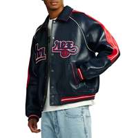 Chaqueta Varsity de Cuero Azul Marino para Hombre Avirex con Detalles Rojos, Logotipo Bordado, Cierre Frontal con Cremallera, Símbolo de Energía Lime, Impermeable para Invierno