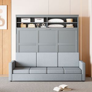 Queen Size Gray Murphy <b>Bed</b> Wall <b>Bed</b> with Sofa Durable and <b>Space</b>-<b>Saving</b> Furniture - Product Image 3