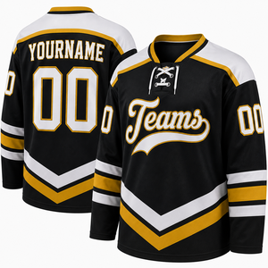 Jersey de Hockey sobre Hielo Personalizado, Negro, Dorado y Blanco, Uniforme de Equipo, Manga Larga, Cuello en V, Diseño con Nombre y Número, Franjas, Venta al Por Mayor - Product Image 3