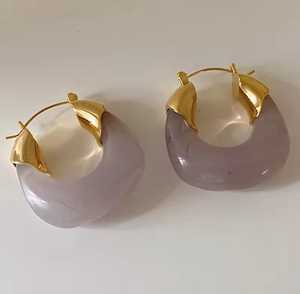 Natural Craft Green Irregular Resin Earrings <b>Gold</b> Accent Modern Geometric U Shape Women Jewelry Eco-Friendly Handmade Craft - Product Image 5